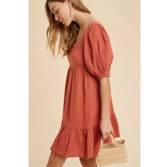 SOLD OUT Burnt Coral Gauze Boho Ruffle Babydoll Dress - Picture 5 of 7